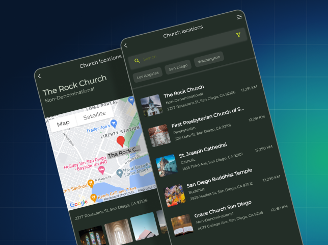 Church locations map and directory screens