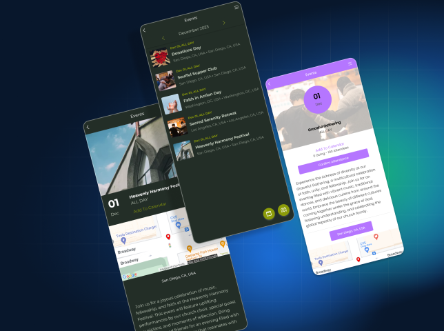 Church events calendar and event detail screens