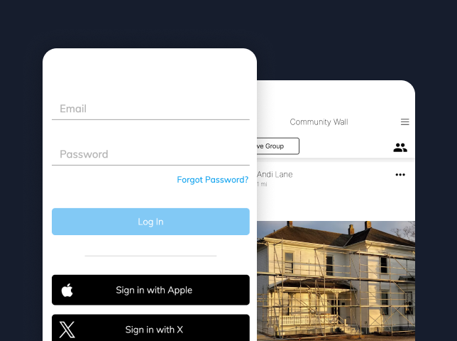 Client sign-in and community wall screens in a construction app