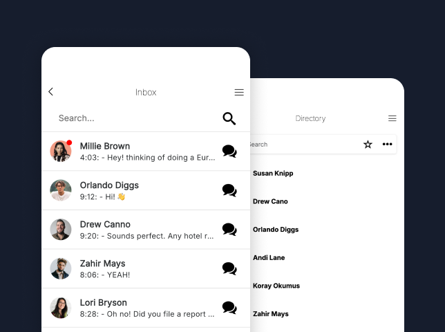 Team inbox and directory screens in a construction app