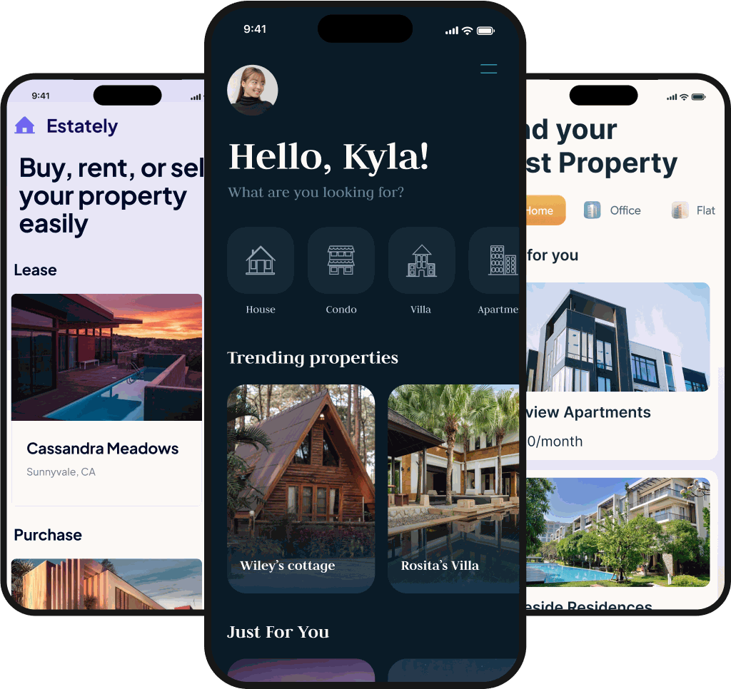 Real estate app screens built with Buildfire — listings and property search